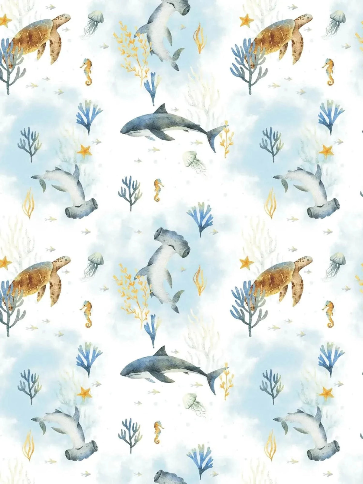 Blue aquatic print fabric featuring turtles, sharks, seahorses, and coral on a light blue background.