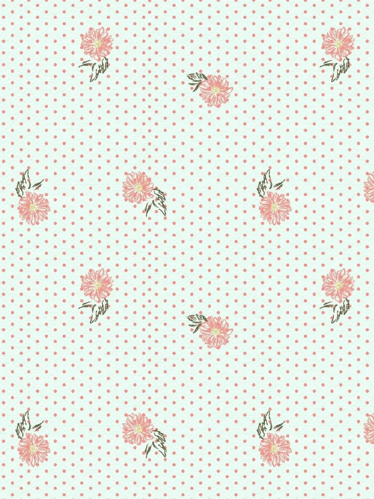 Vintage blooms floral print fabric with pink flowers and white dots on pale green background.