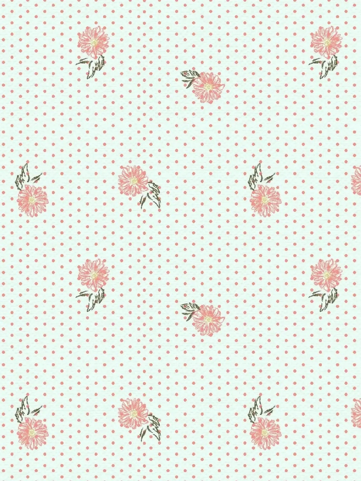 Vintage blooms floral print fabric with pink flowers and white dots on pale green background.
