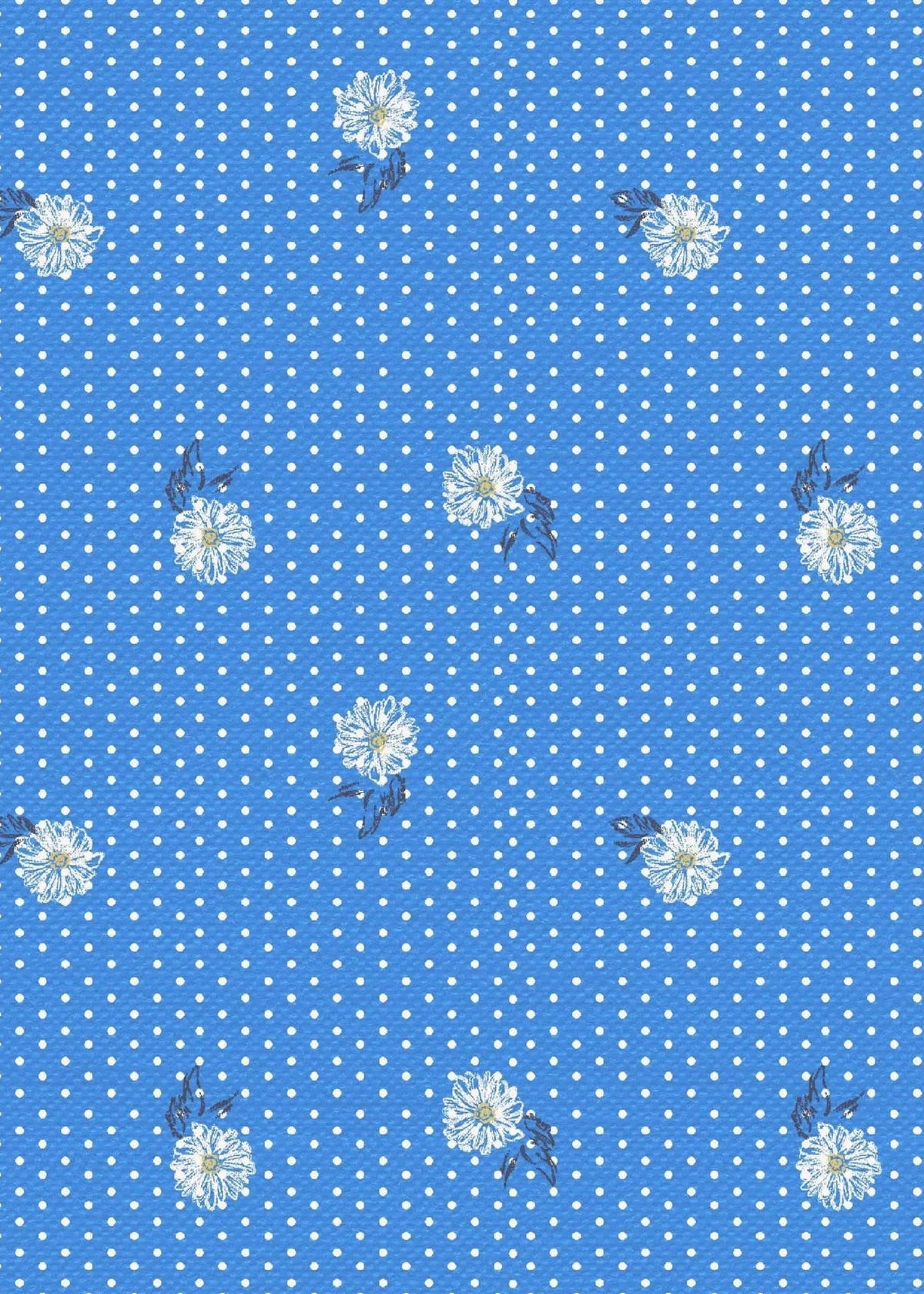 Blue fabric with scattered white daisy flowers and polka dots.