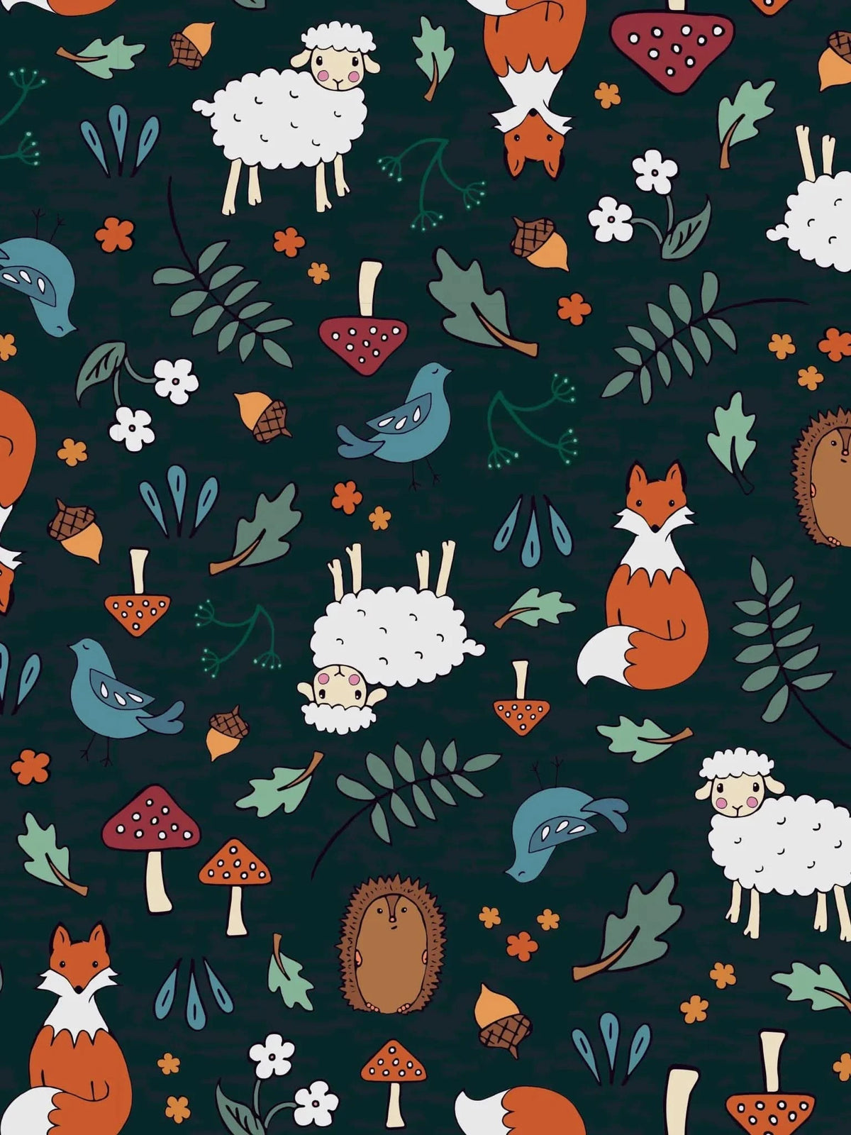 Dark green fabric with woodland creatures like sheep, foxes, birds, mushrooms, and leaves.