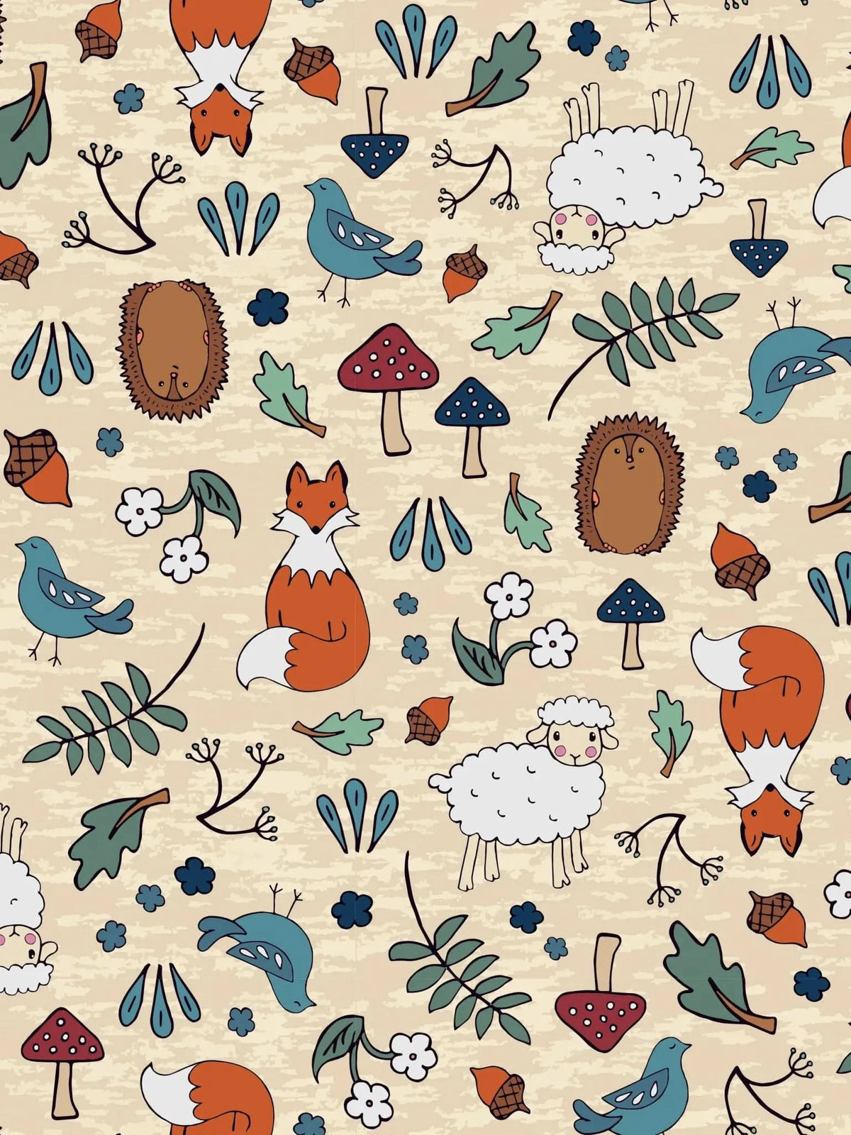 Sandy print fabric featuring woodland creatures like foxes, sheep, birds, hedgehogs, mushrooms, and leaves.