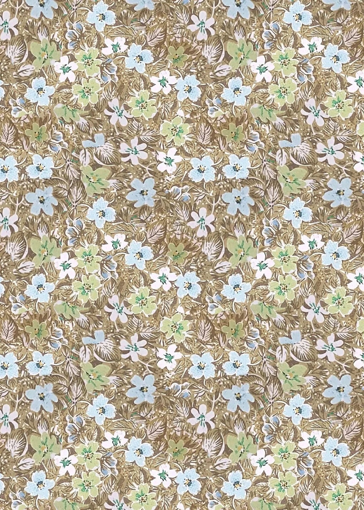 Brown fabric with a botanical print of light blue, green, and white flowers.