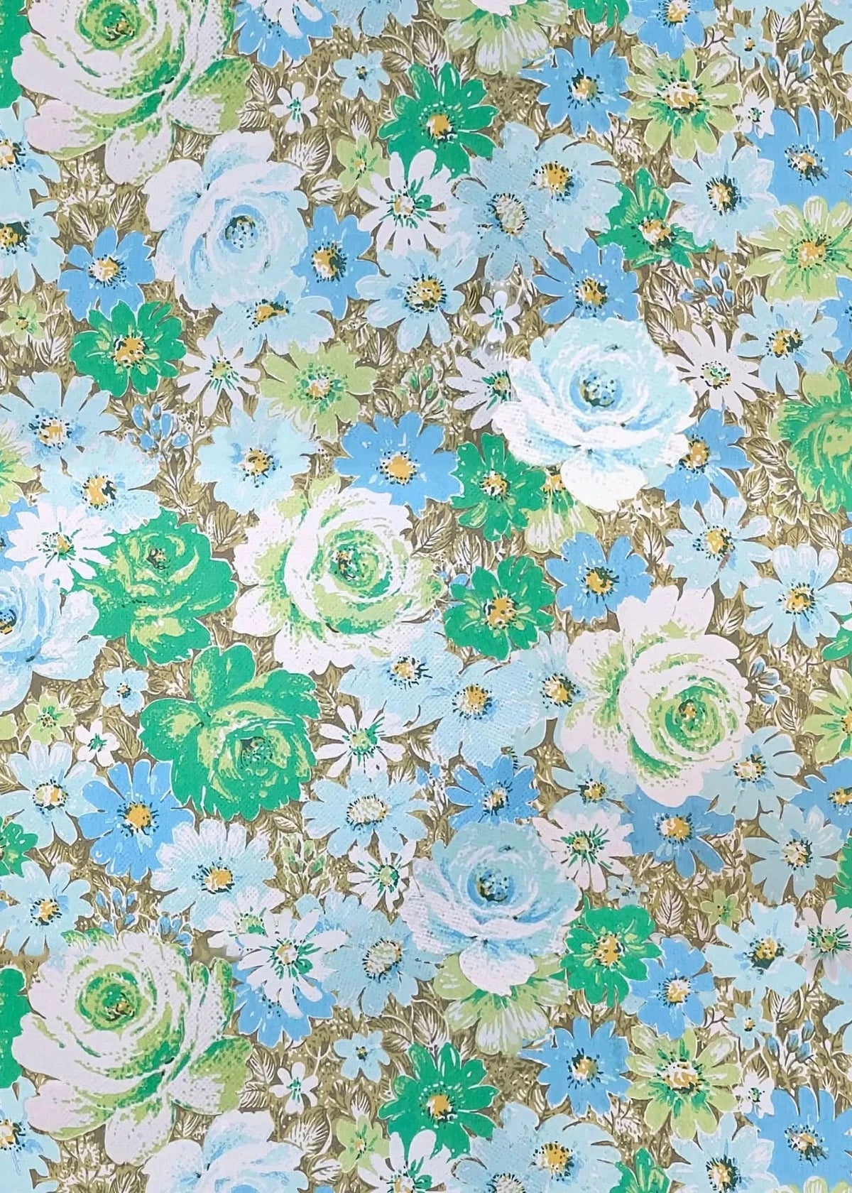 Fabric with a floral print featuring blue, green, and white flowers on a brown background.