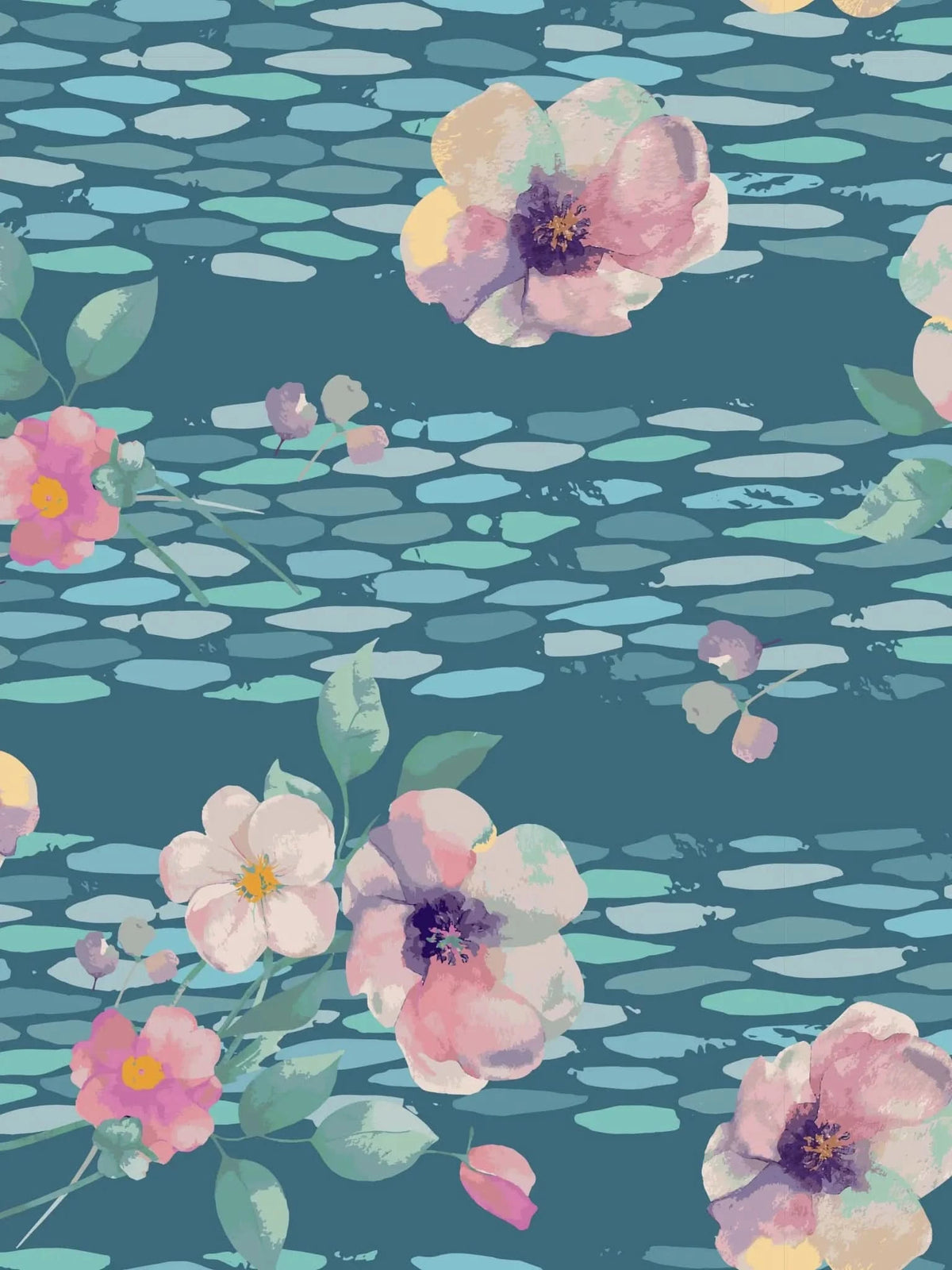 Watercolor print fabric featuring teal scales and pink anemone flowers.