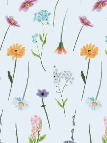 White fabric printed with a pattern of colorful wildflowers and stems.