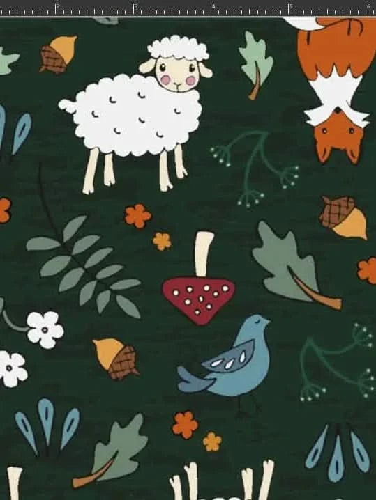 Dark green fabric with a woodland print of sheep, fox, bird, mushrooms, and leaves.