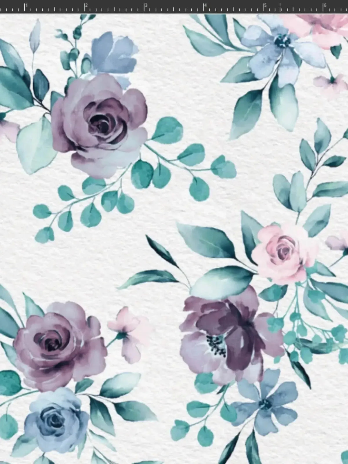 Blue watercolor floral print fabric with purple roses and green leaves on white background.