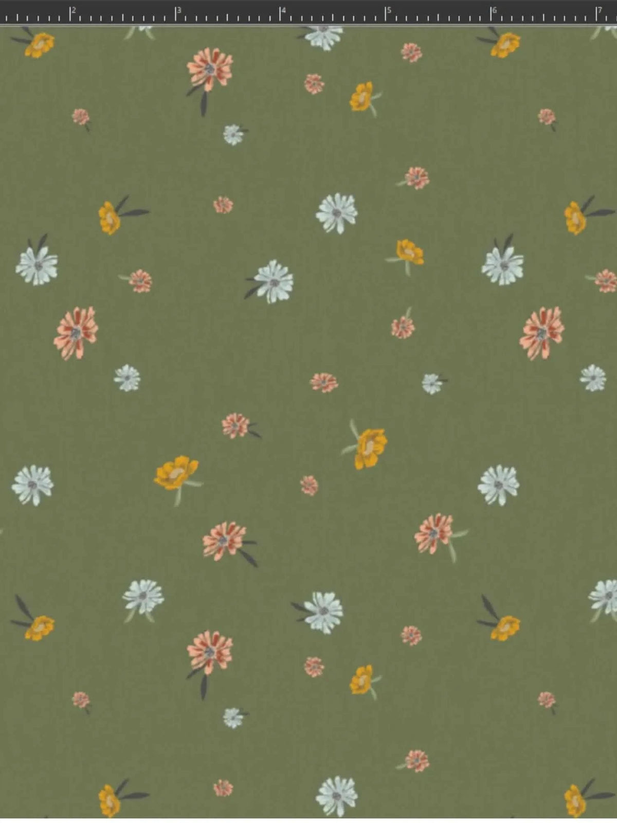 Olive fabric with scattered small white, orange, and yellow flowers.