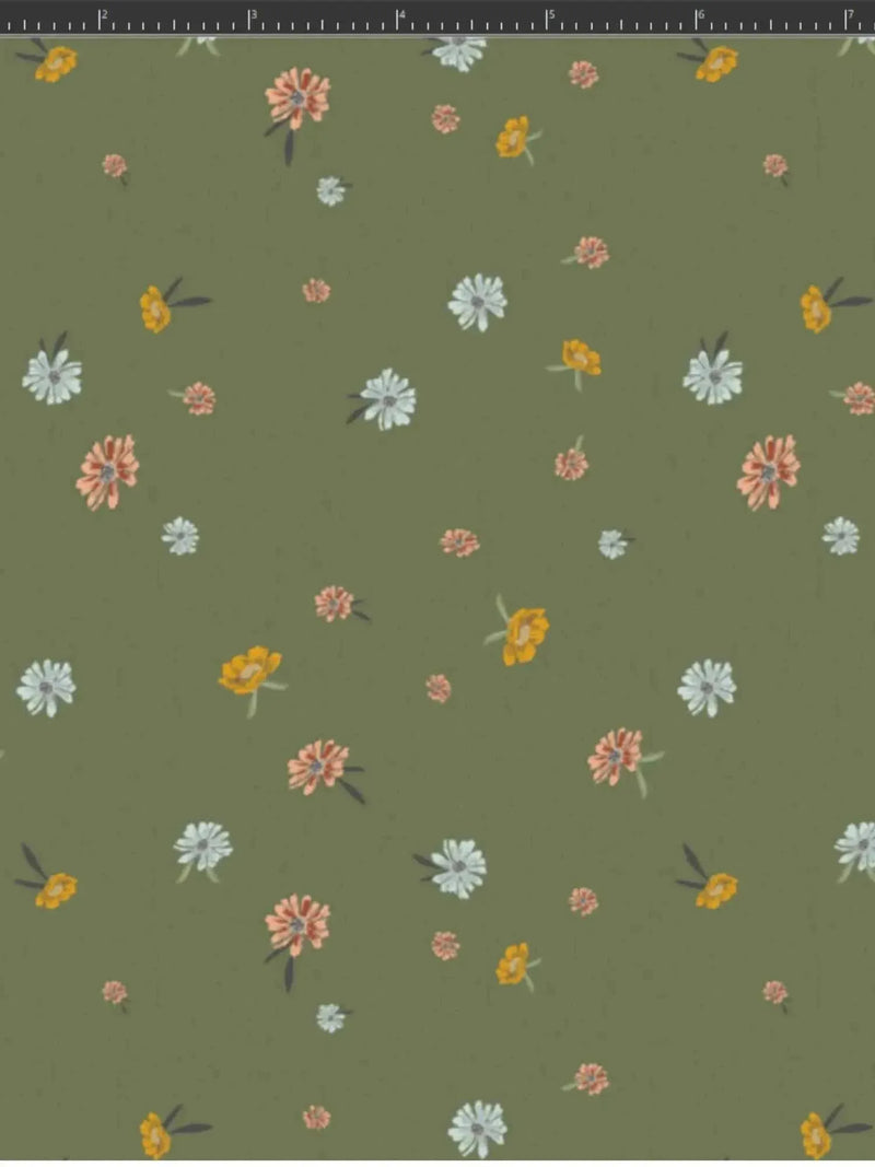 Olive green fabric with scattered small ditsy floral blooms in pink, yellow, and white.