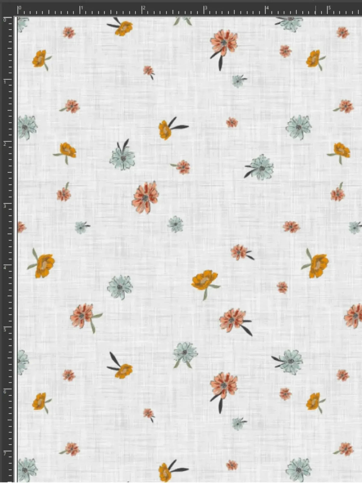 Light blue floral fabric with scattered small orange and white blooms.