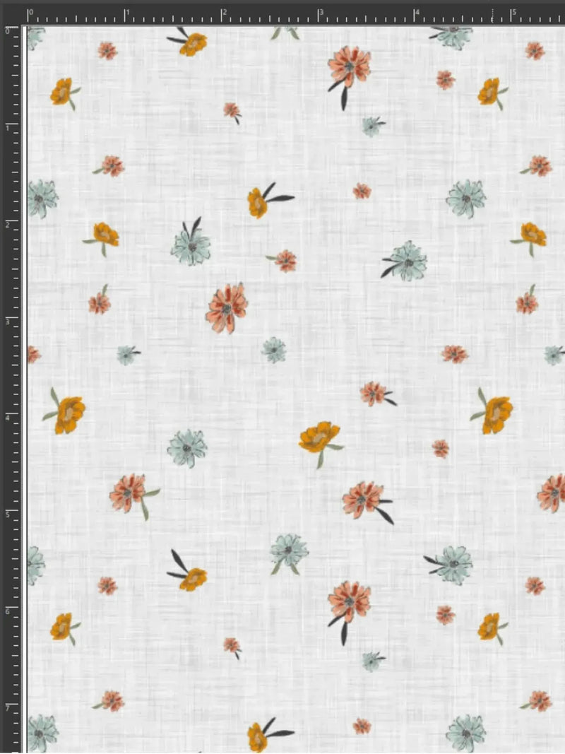 Light blue floral fabric with scattered small orange and white blooms.