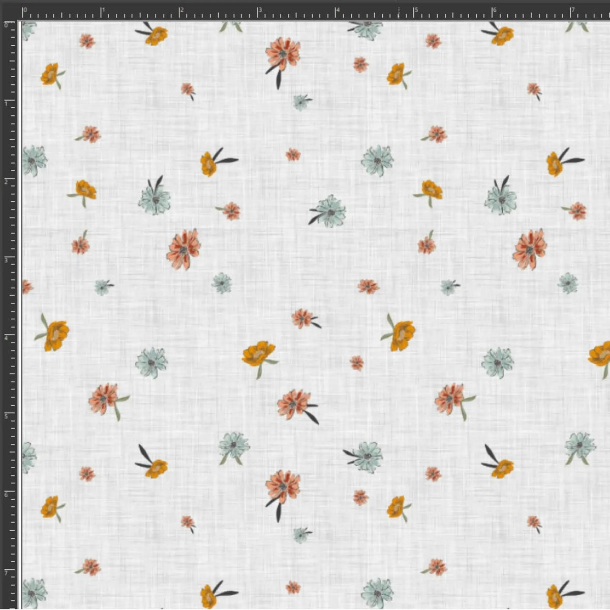 White fabric with scattered small orange and teal flowers.