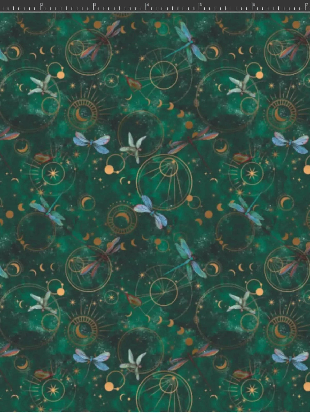 A dark green fabric with celestial dragonflies and golden astrological symbols.