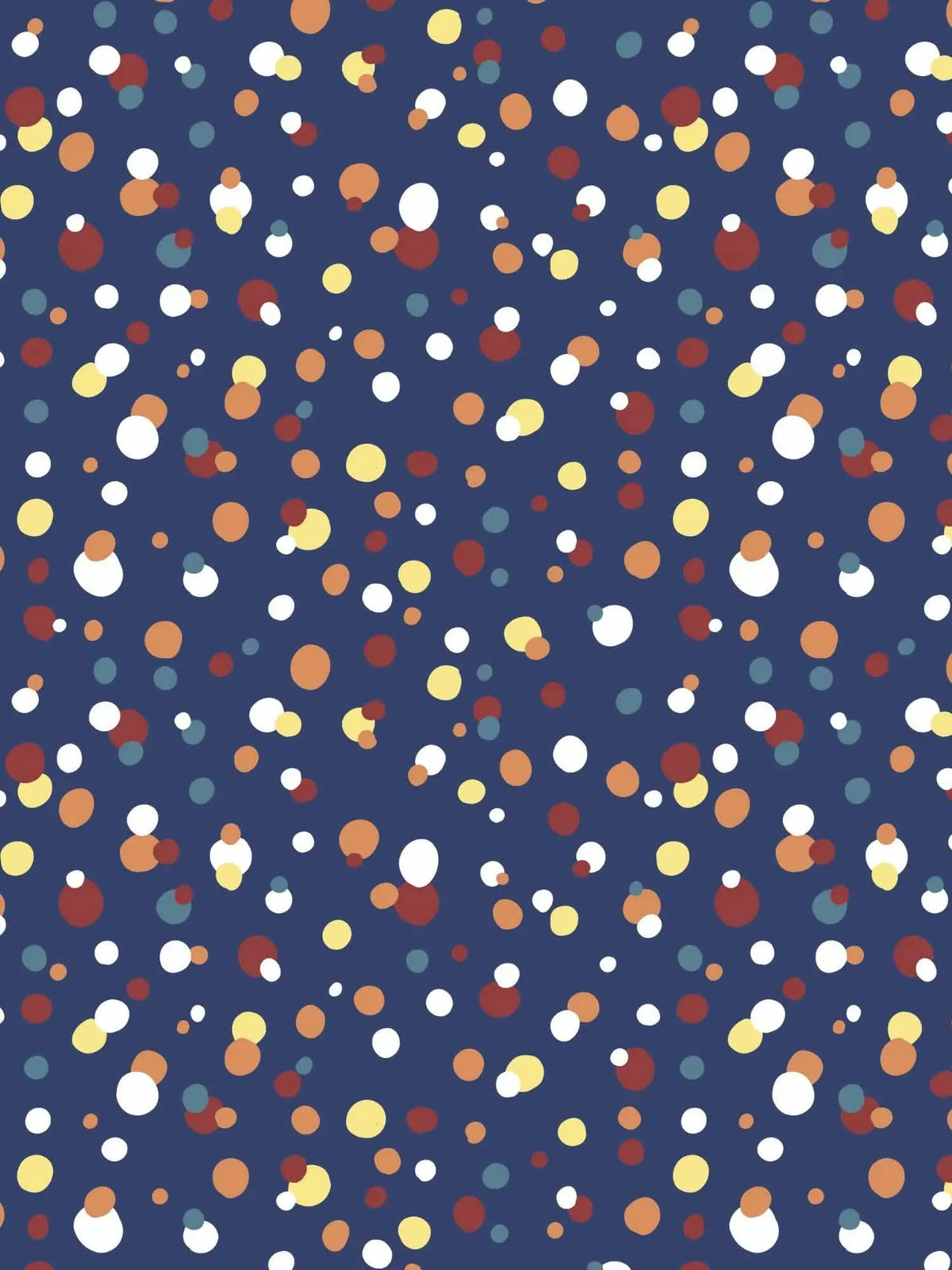 Navy fabric with scattered white, orange, yellow, and red polka dots.