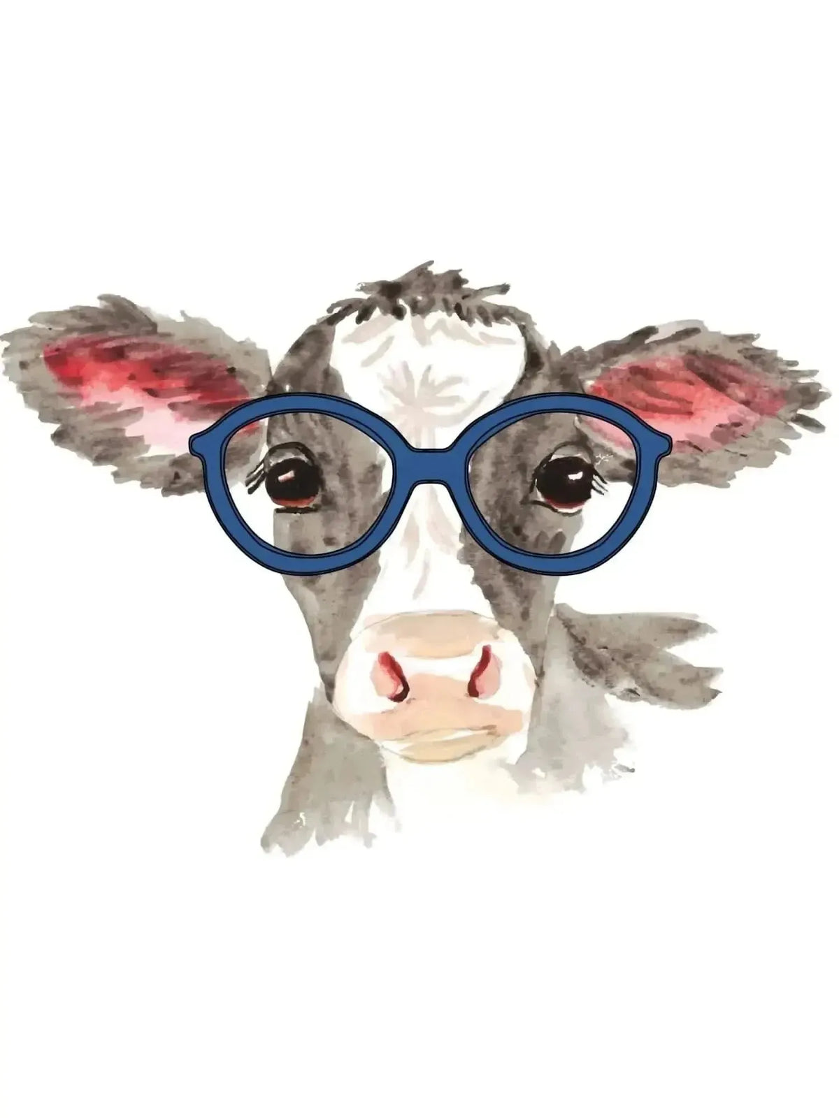 Cute watercolor print of a calf wearing blue glasses on novelty fabric panel.