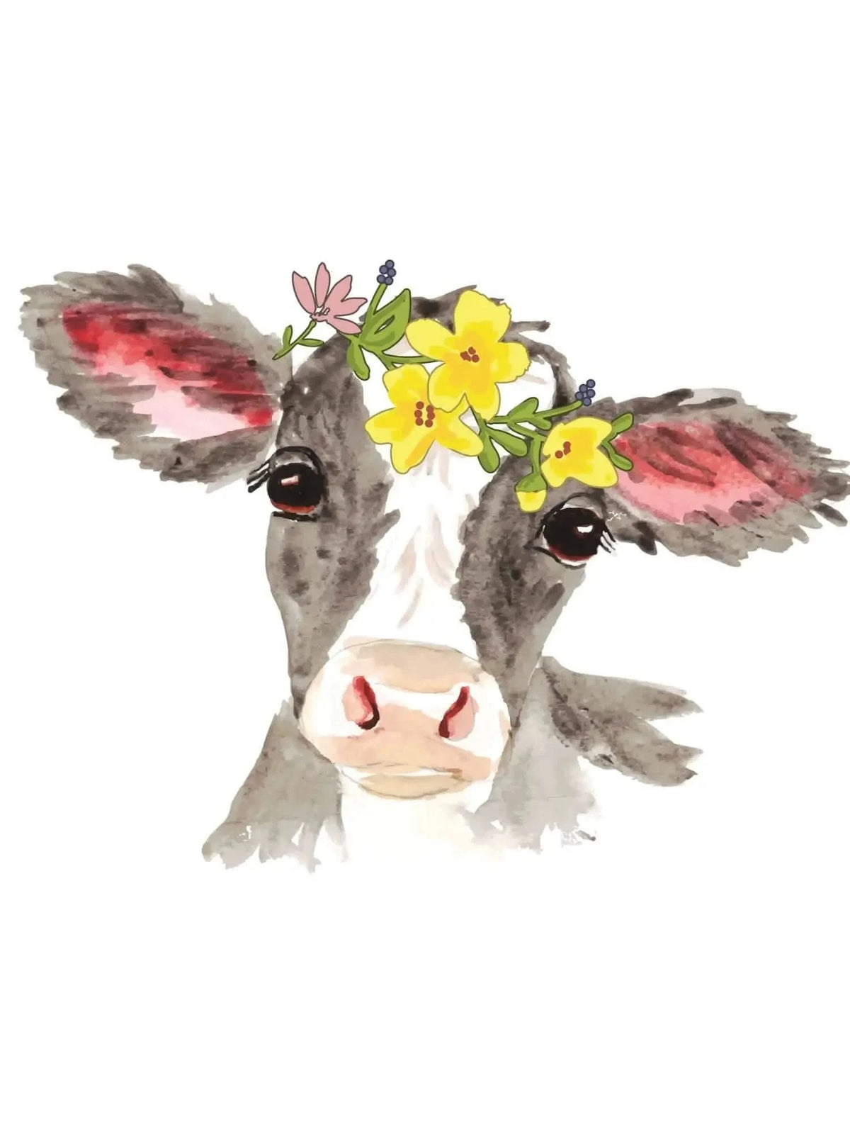 A watercolor painting of a calf wearing a crown of yellow and pink flowers.