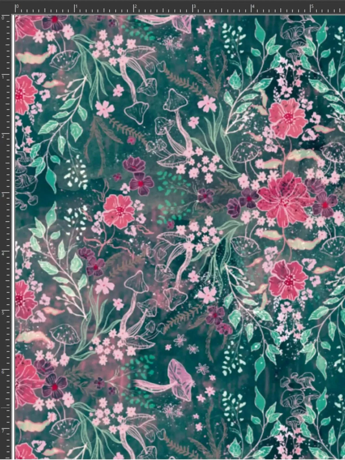 A dark green fabric with pink and purple flowers, green leaves, and white mushroom outlines.