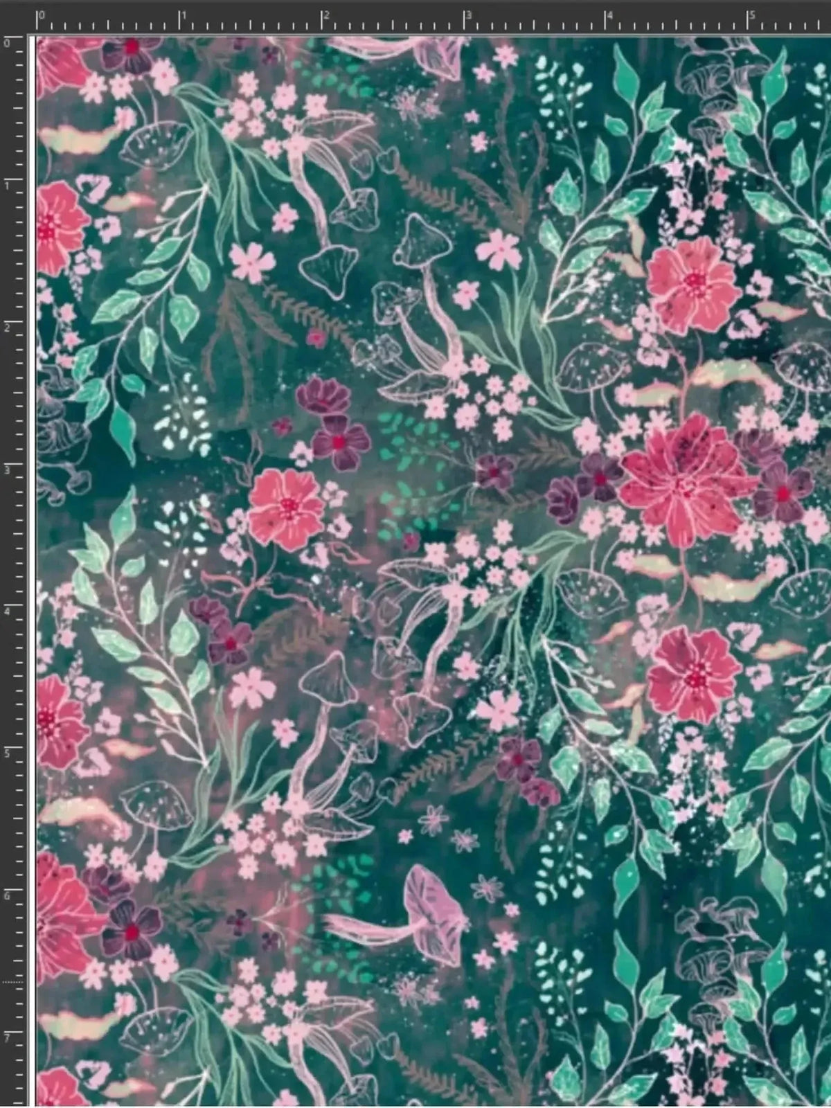 Dark teal botanical fabric with enchanted meadow floral and leaf print.