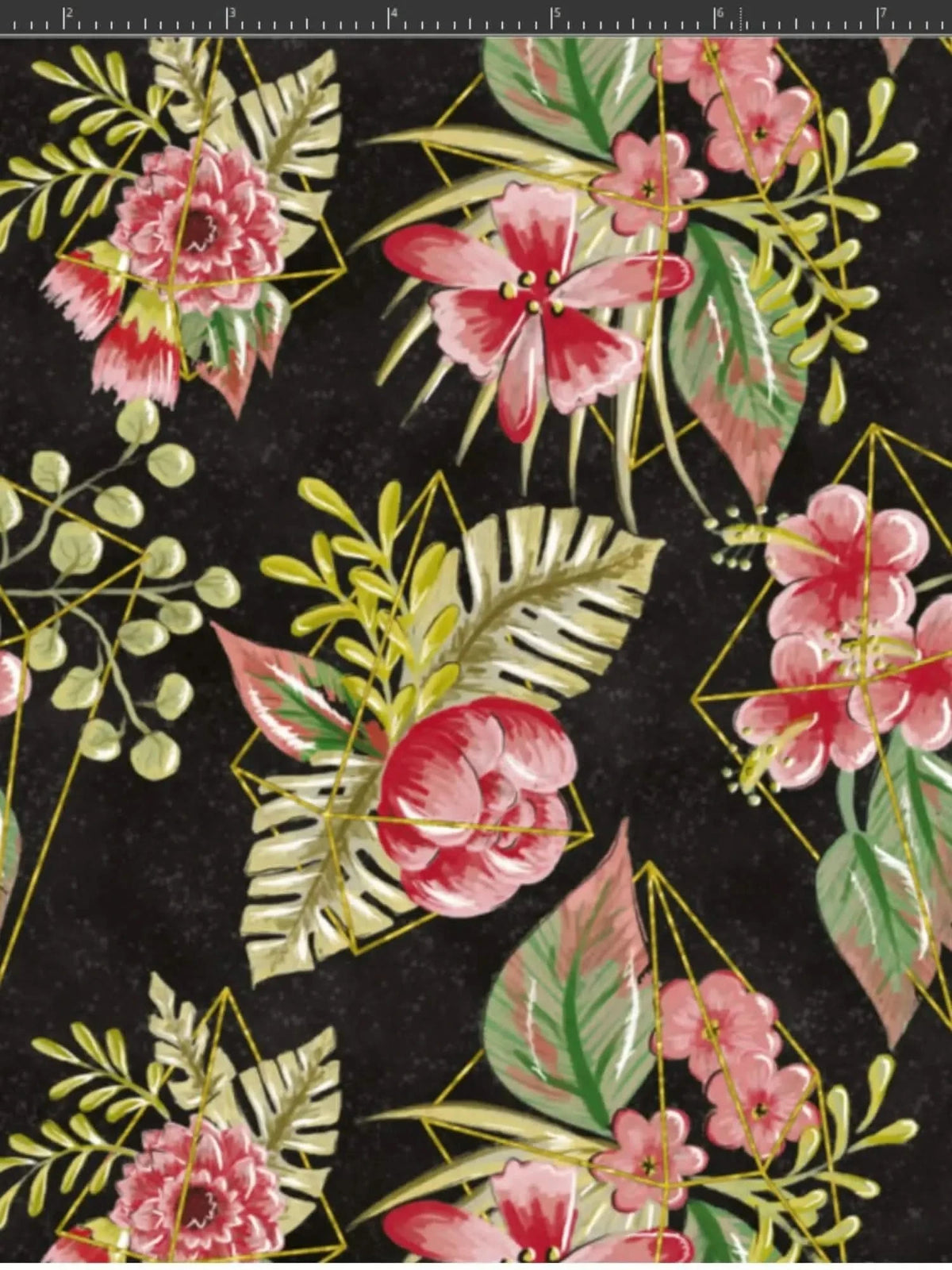 A black fabric with a pattern of pink and red flowers and green leaves in gold geometric cages.