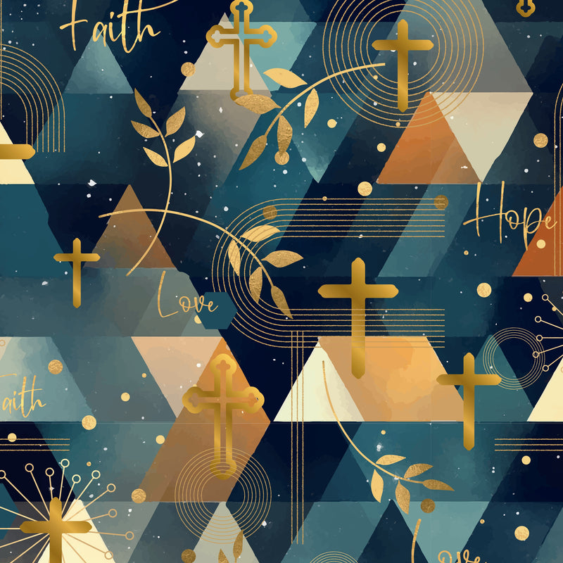 Geometric pattern with crosses, triangles, and text on a dark blue background
