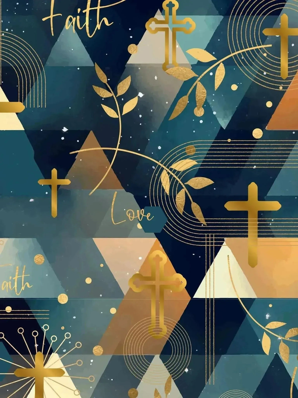 Blue geometric fabric with gold crosses, faith and love text, and leaf motifs.