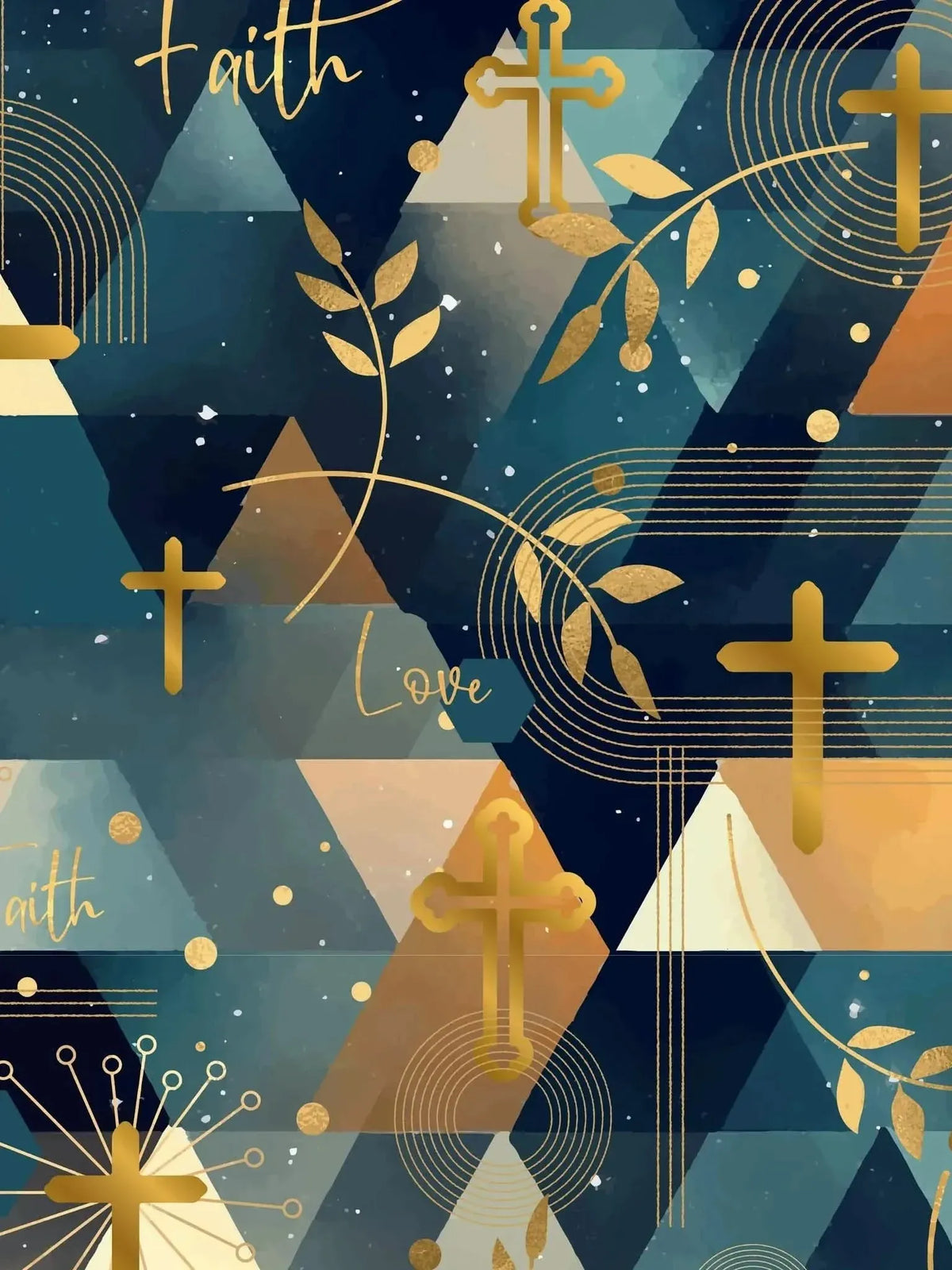 A fabric with a pattern of gold crosses, leaves, and abstract shapes on a blue background.