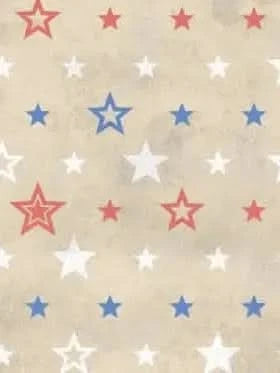 A vintage-style fabric with red, white, and blue stars on a beige background.