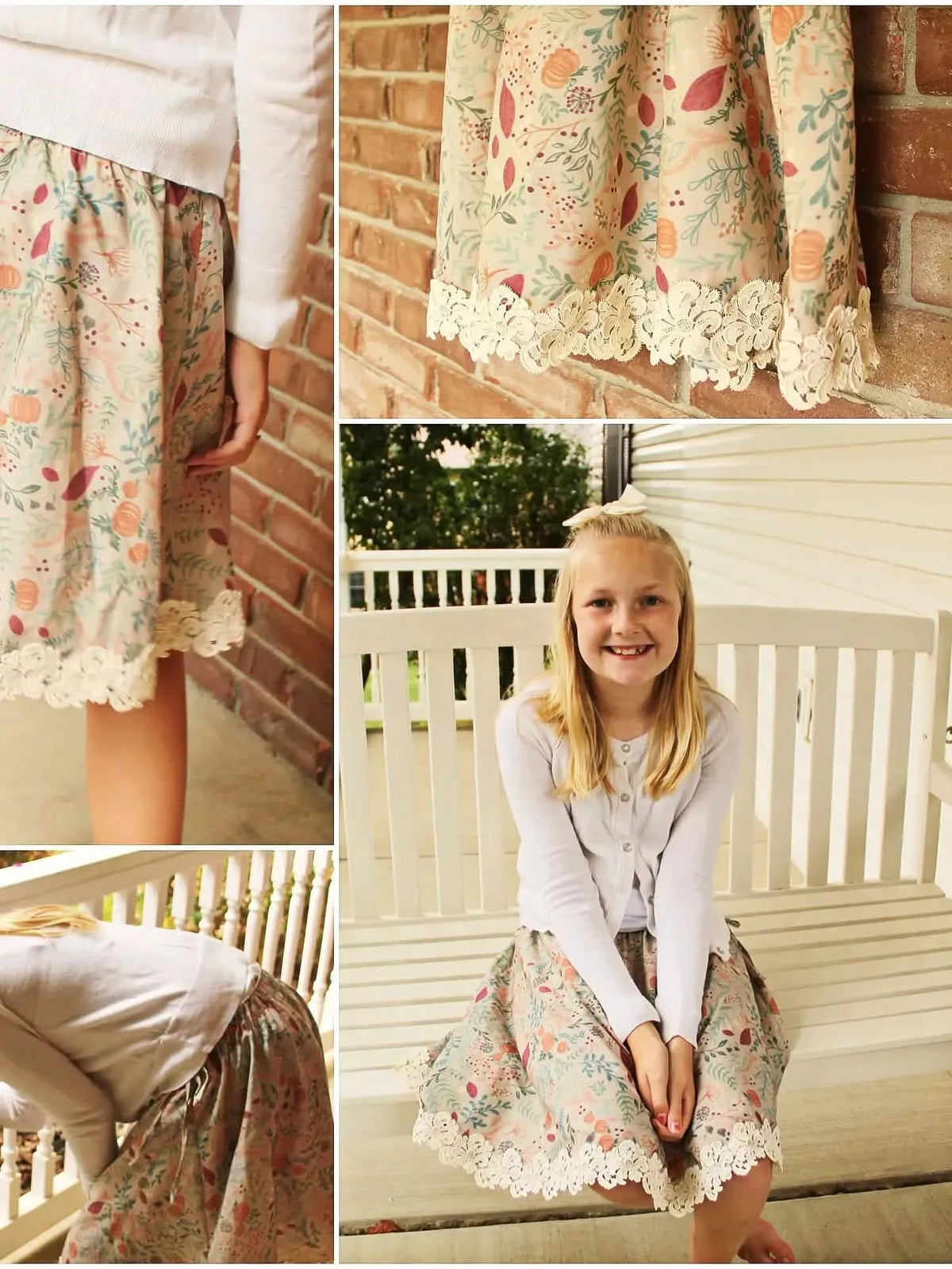 Tan fabric with a forest foliage pattern and lace trim.