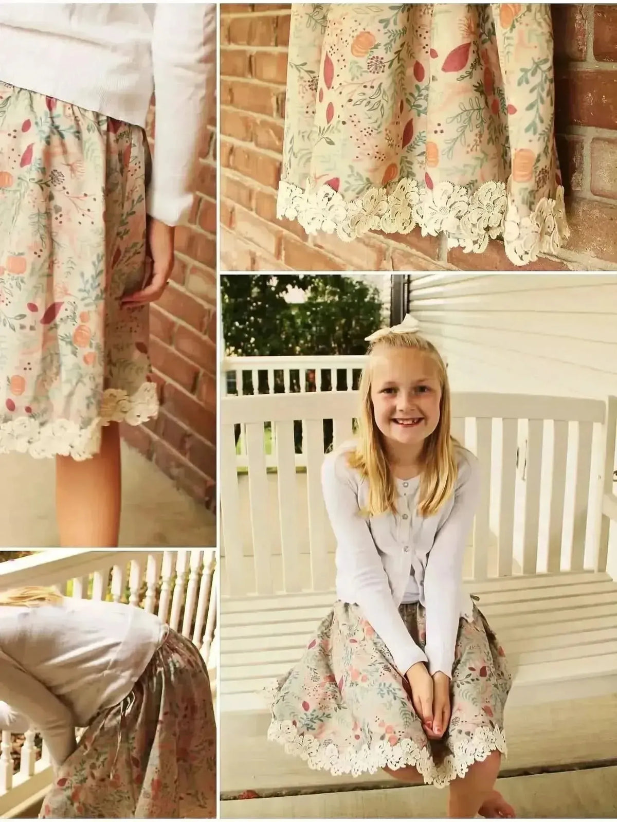 Tan botanical fabric with forest foliage print, shown in a girl's skirt with lace trim.