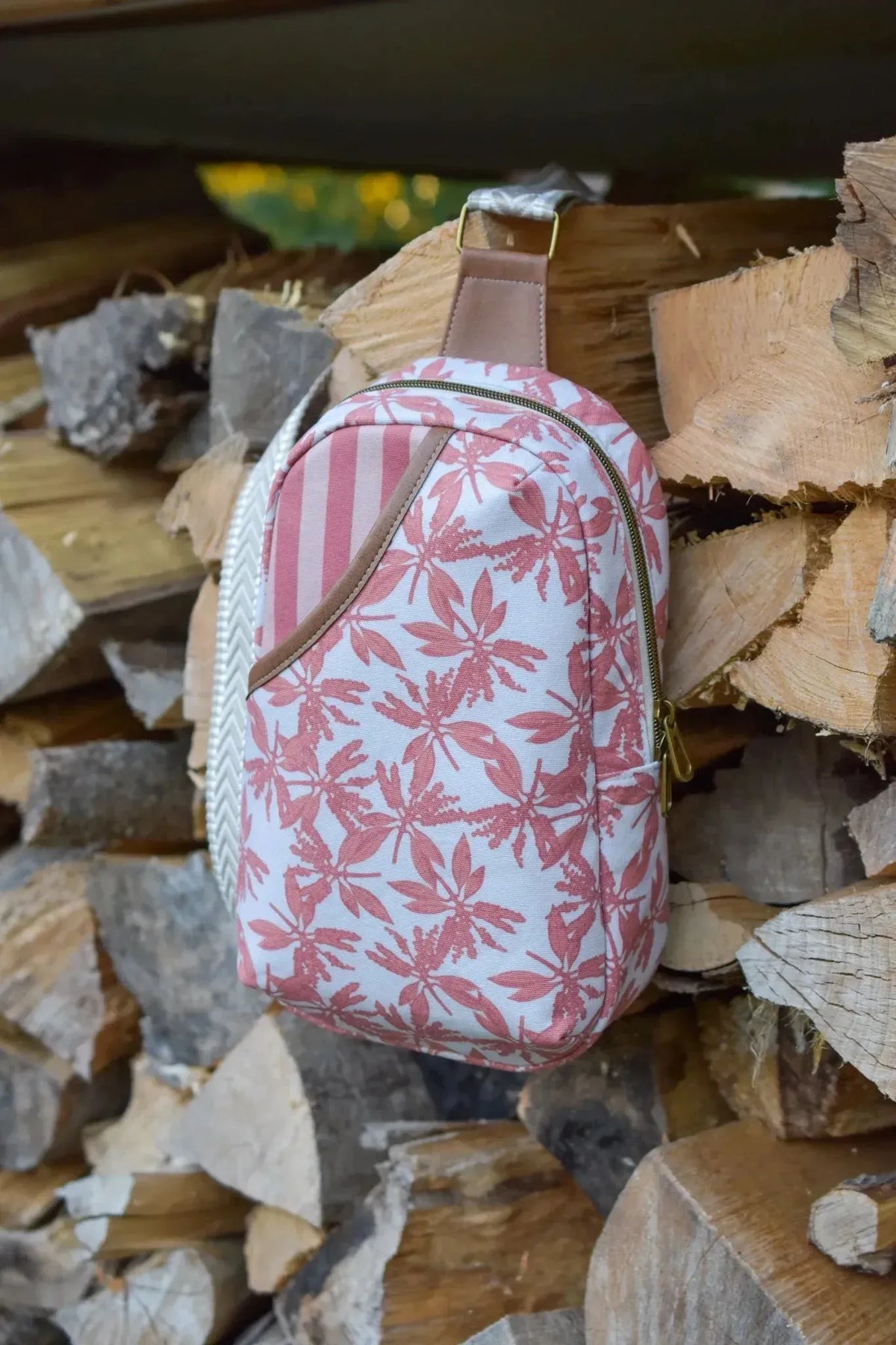 Pink leaves print fabric with autumn floral pattern on Amber Grove design.