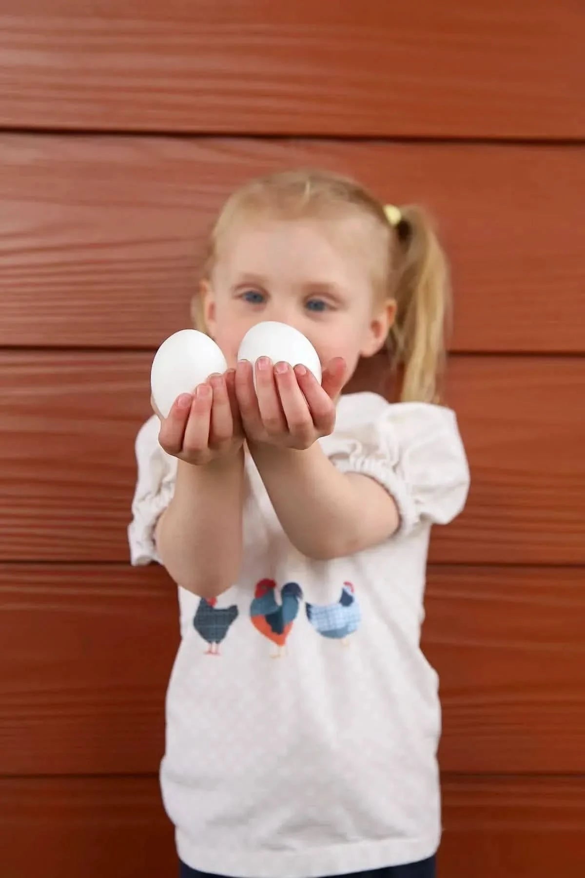A young girl holds two white eggs, wearing a shirt with three patchwork chickens.