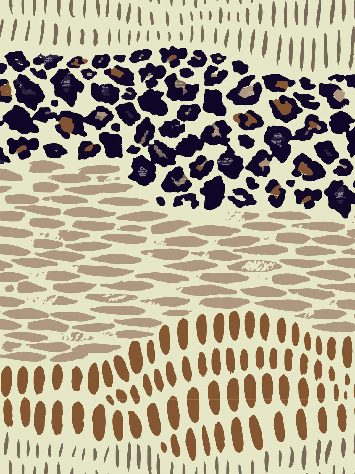 Fabric with horizontal stripes of animal print and abstract patterns.