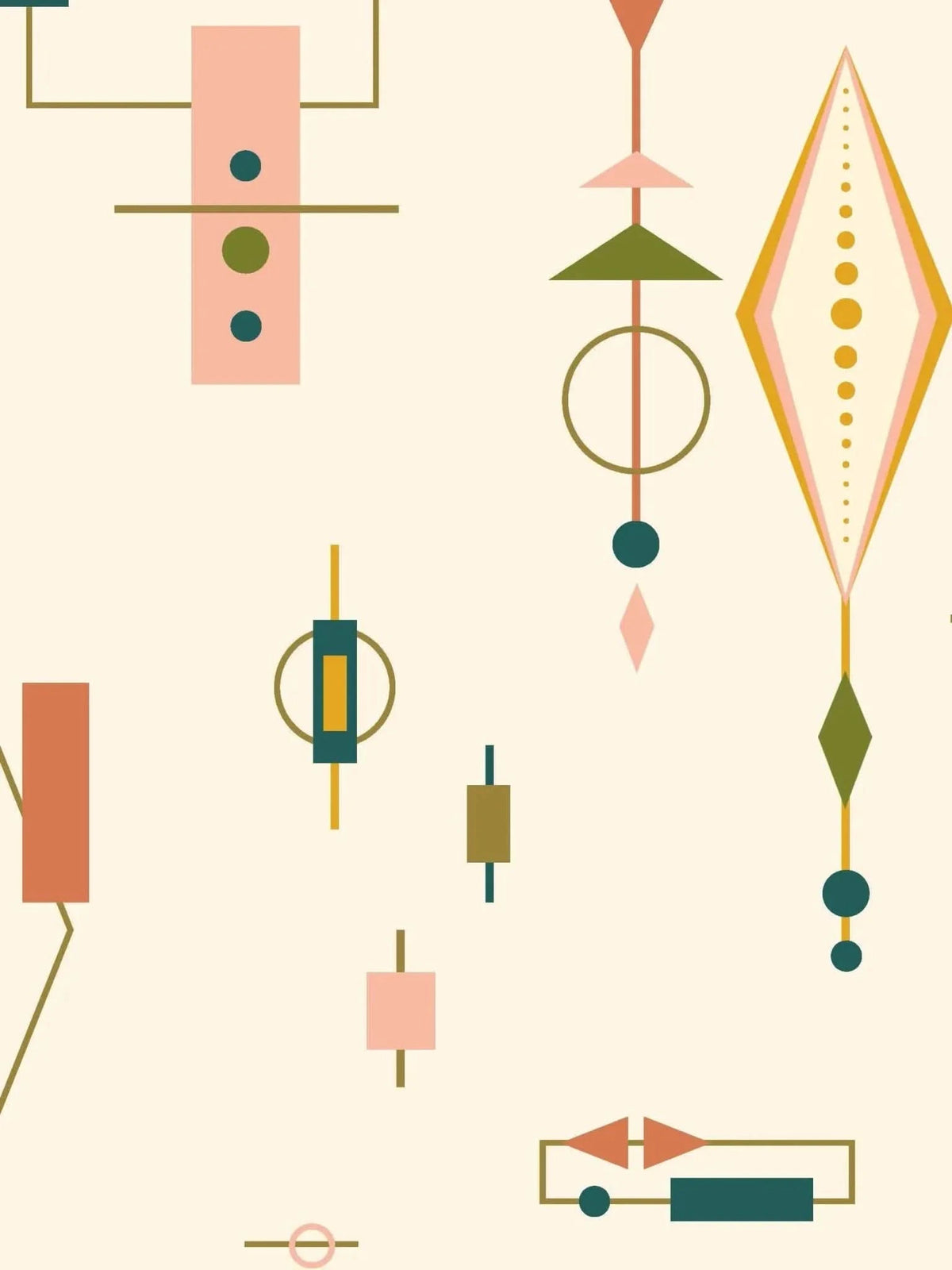 A cream-colored fabric with abstract geometric shapes in pink, green, and gold.