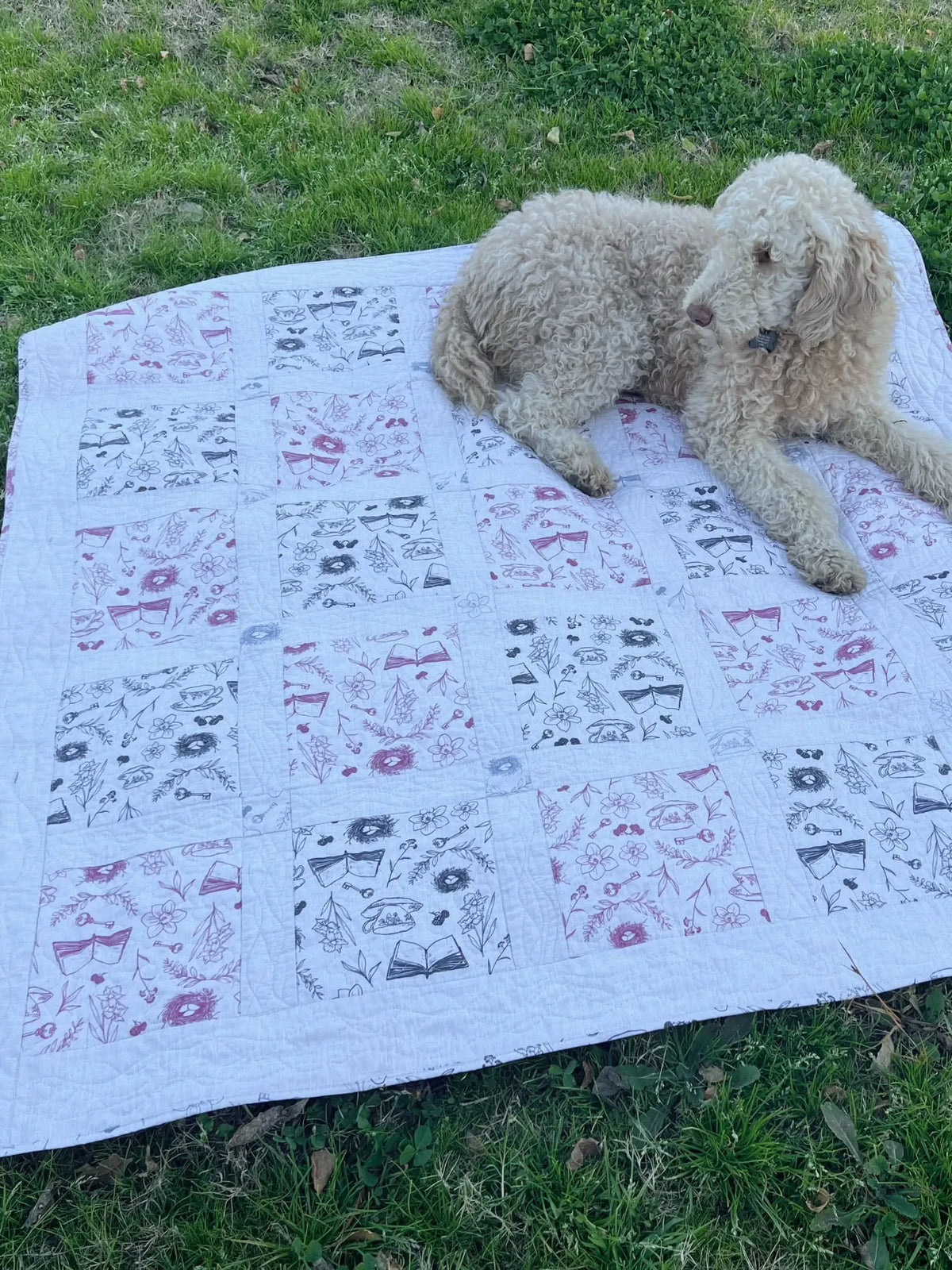 A cream-colored dog lies on a white quilt with pink and black illustrations on green grass.