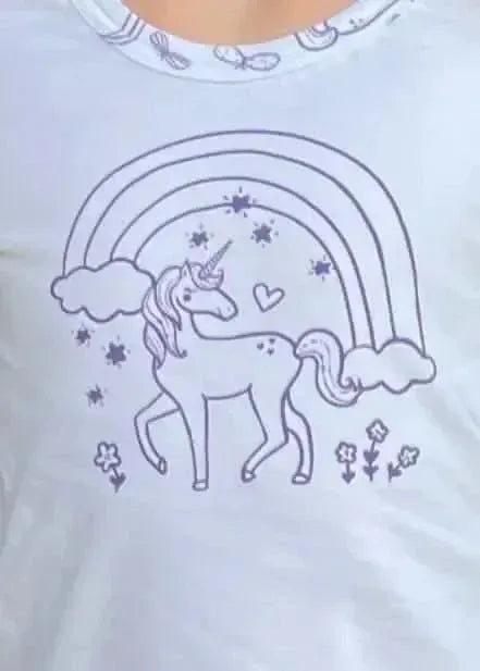 White fabric panel with outline drawing of a unicorn under a rainbow, stars, clouds, and flowers.