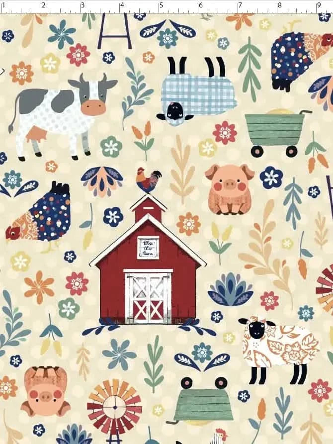 Fabric with a pattern of farm animals, a barn, and colorful flowers on a cream background.