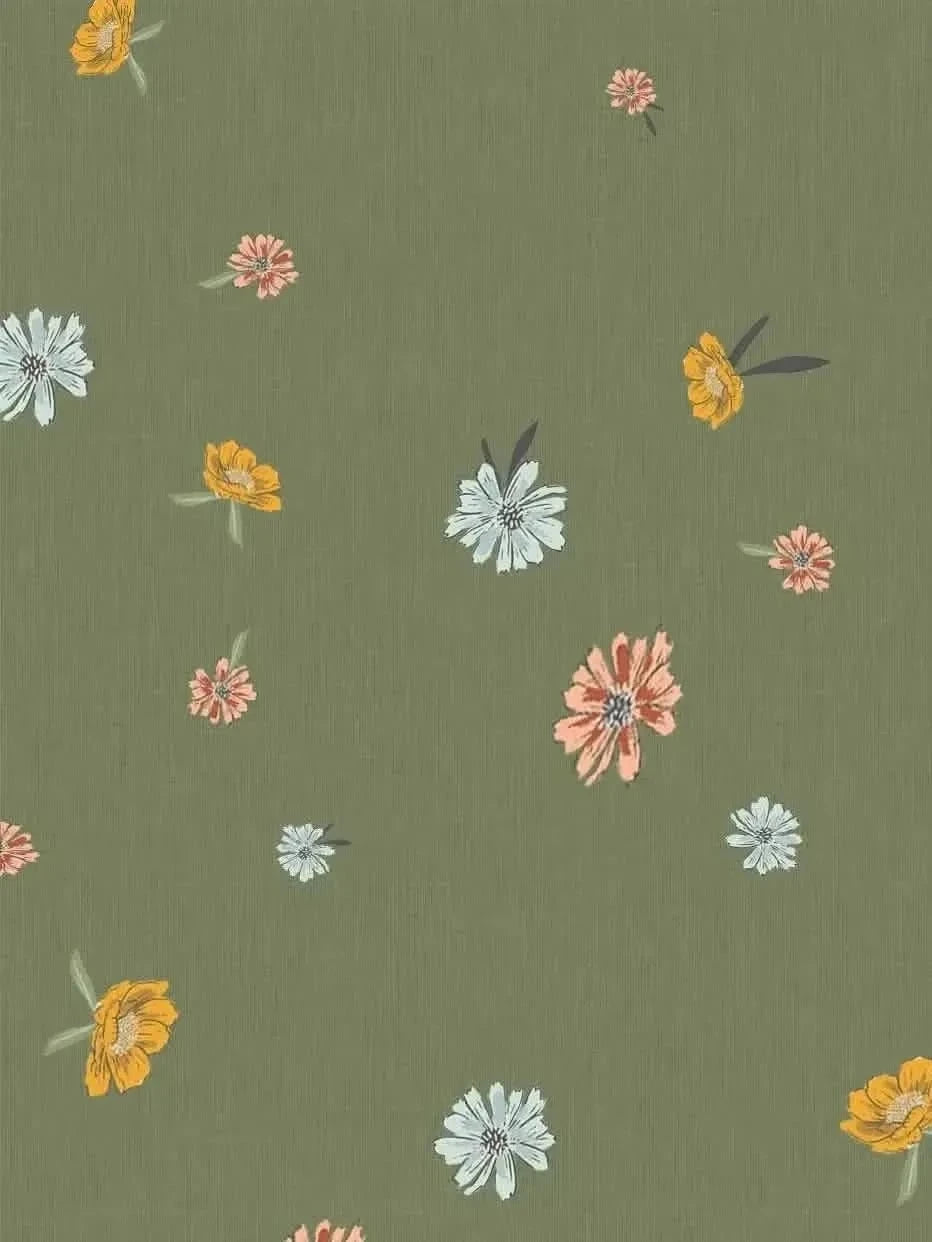 Olive green ditsy floral fabric with small bitty blooms in yellow, pink, and white.
