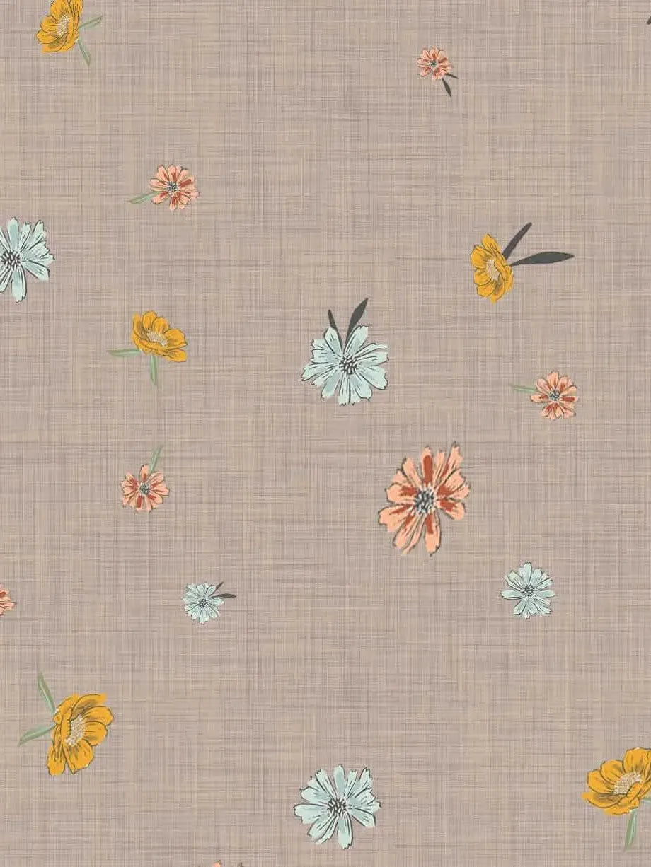 Taupe fabric with scattered small flowers in blue, orange, and yellow.