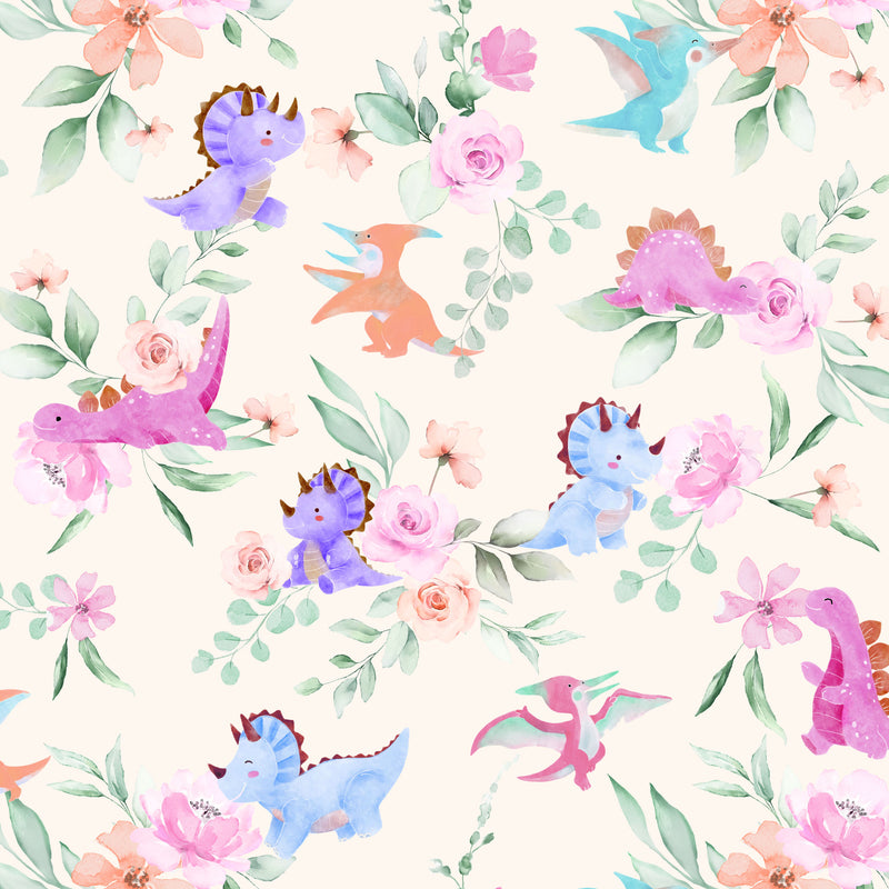 Pattern of colorful dinosaurs and flowers on a white background