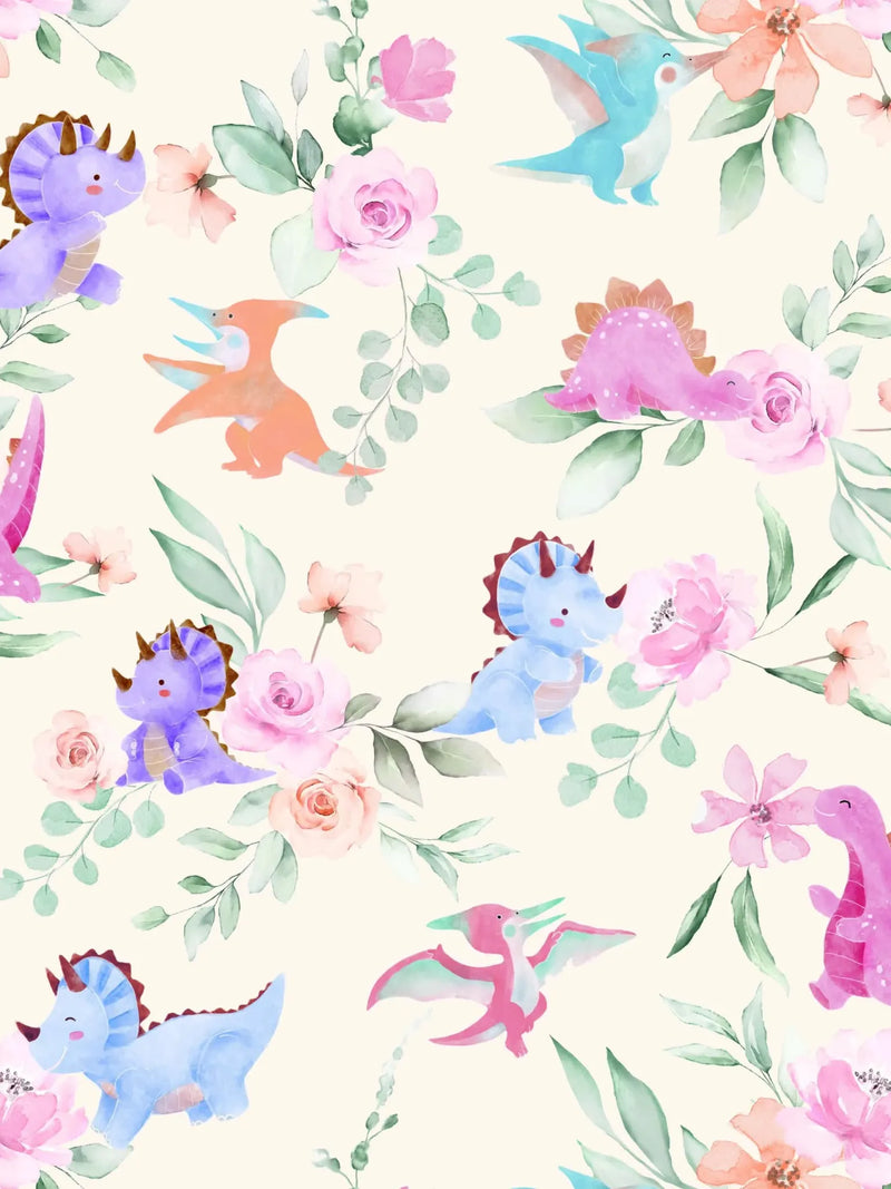 Fabric with watercolor dinosaurs and floral arrangements on a light background.