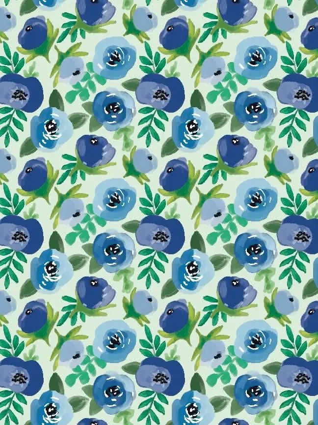 A light green fabric features a repeating pattern of blue buttercups and green leaves.
