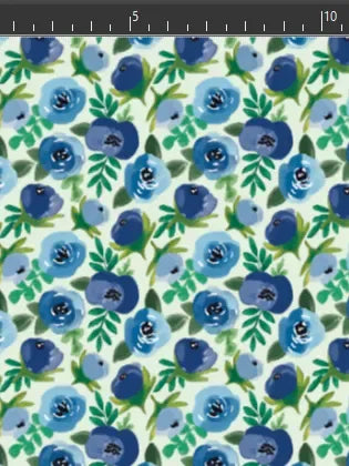A light green fabric with a repeating pattern of blue buttercups and green leaves.