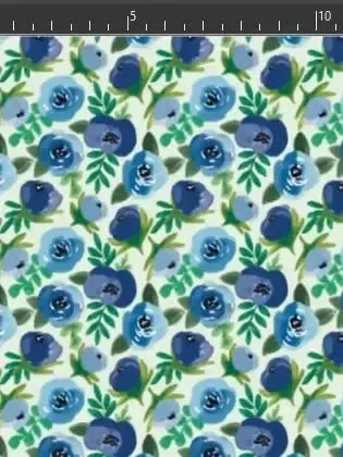 Blue buttercups floral fabric with white background and green leaves.