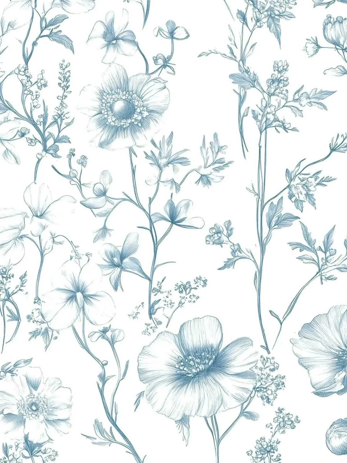 Blue botanical print fabric featuring garden flowers and stems in soft tones.