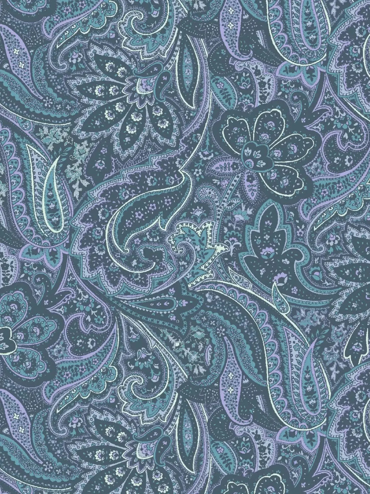 A blue paisley maze pattern with light blue and purple accents.