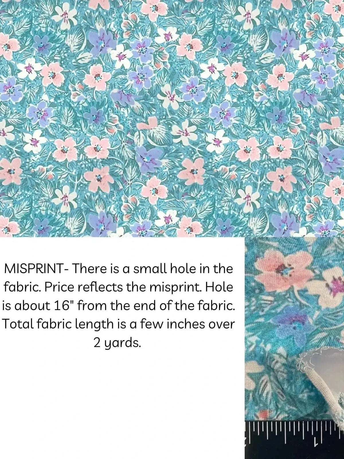 Blue modal jersey fabric with pink and purple floral print, showing a small hole 16 inches from end.