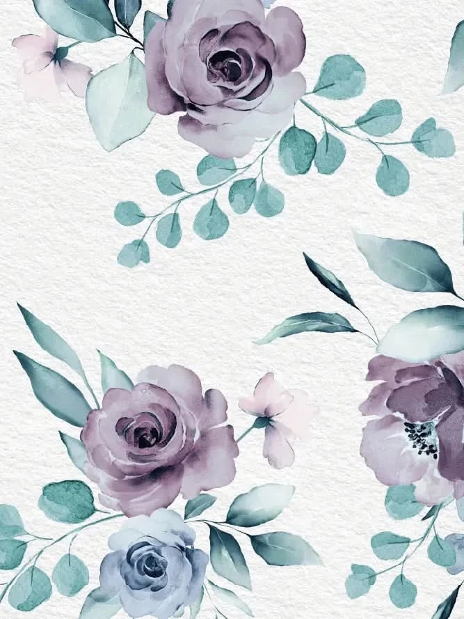 A white fabric with a watercolor floral pattern in blue, purple, and pink hues.