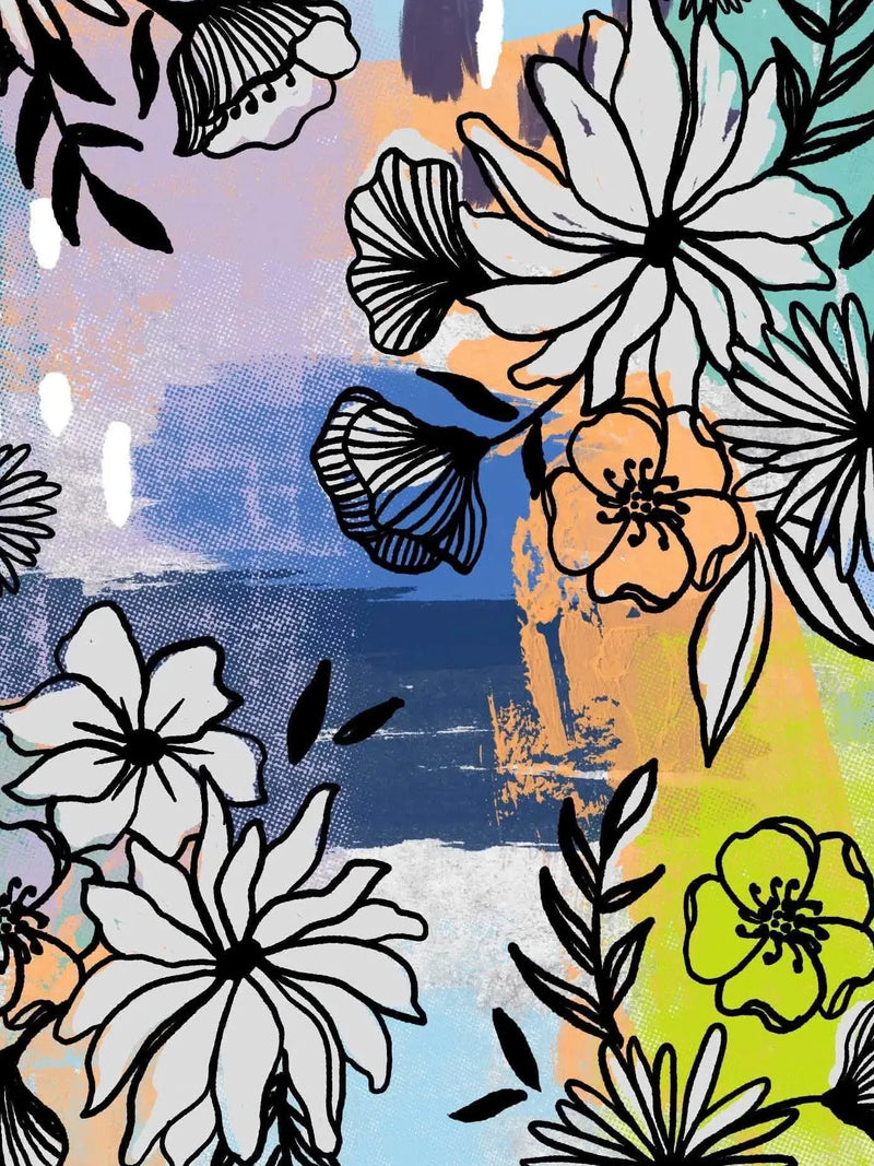 Blue graffiti floral fabric with white, black, and yellow flowers on a textured background.
