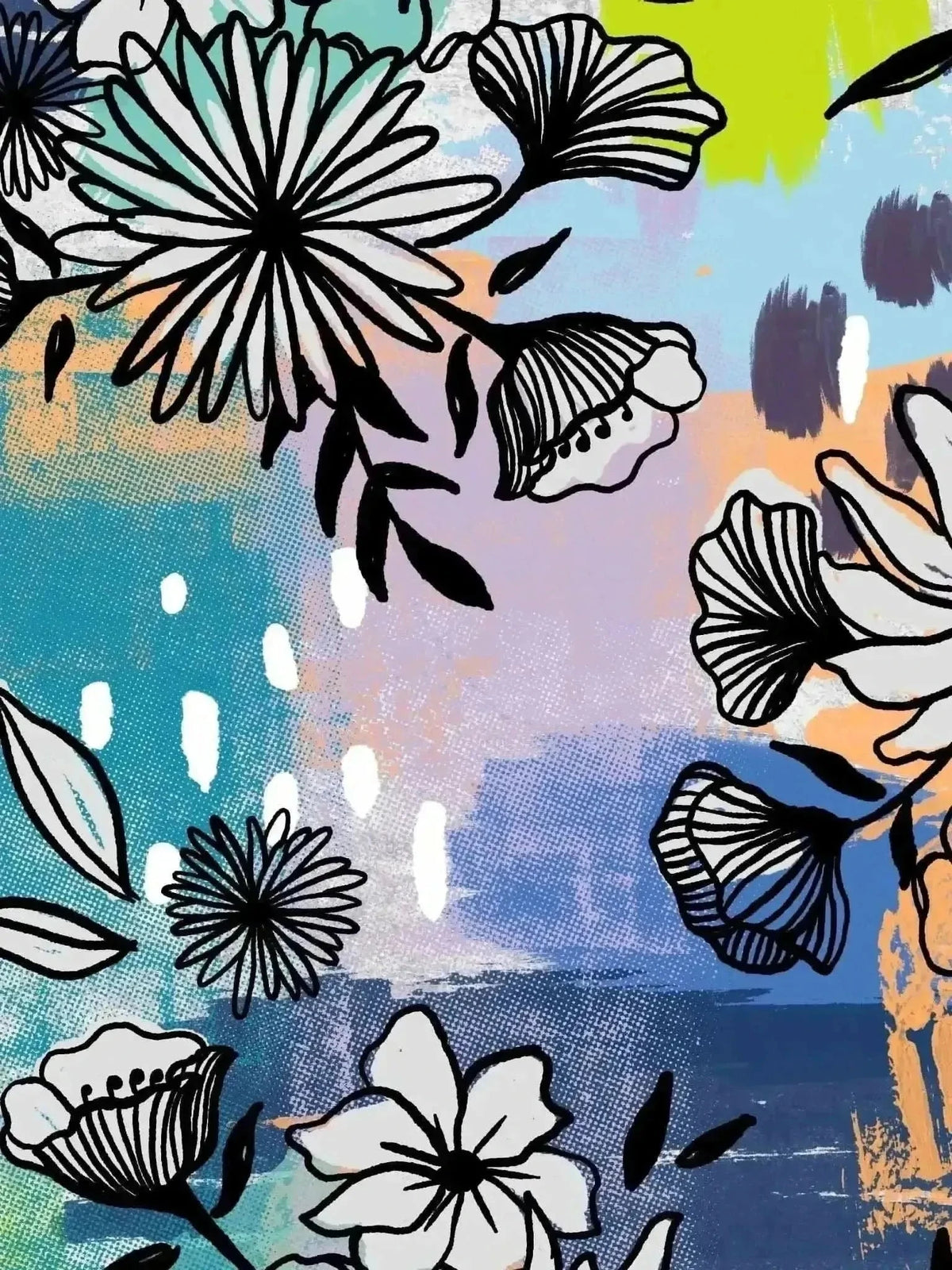 Abstract floral modal jersey fabric in white, black, teal, and orange hues.